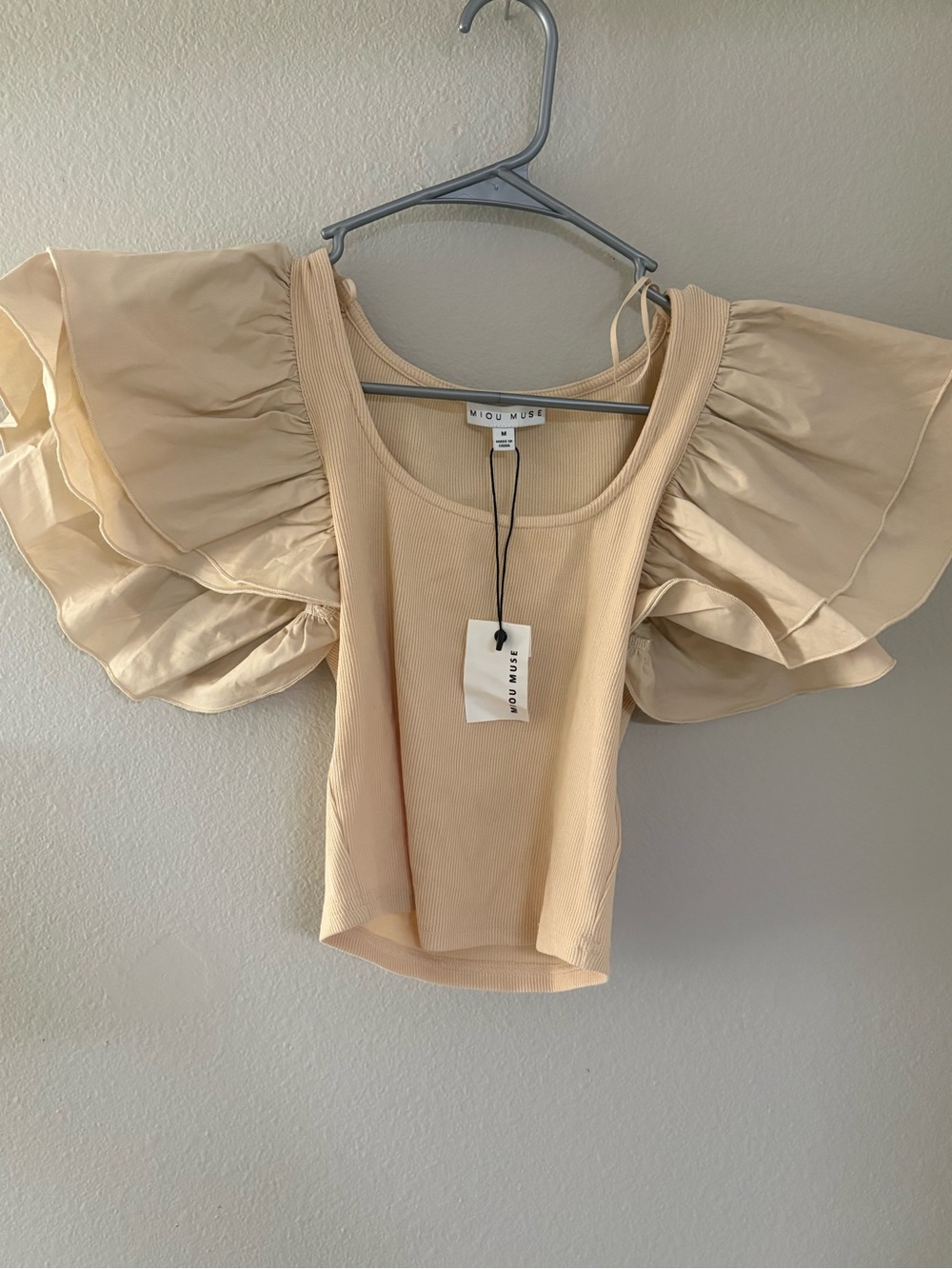 Miou Muse Cream Puff-Sleeve Ribbed Top